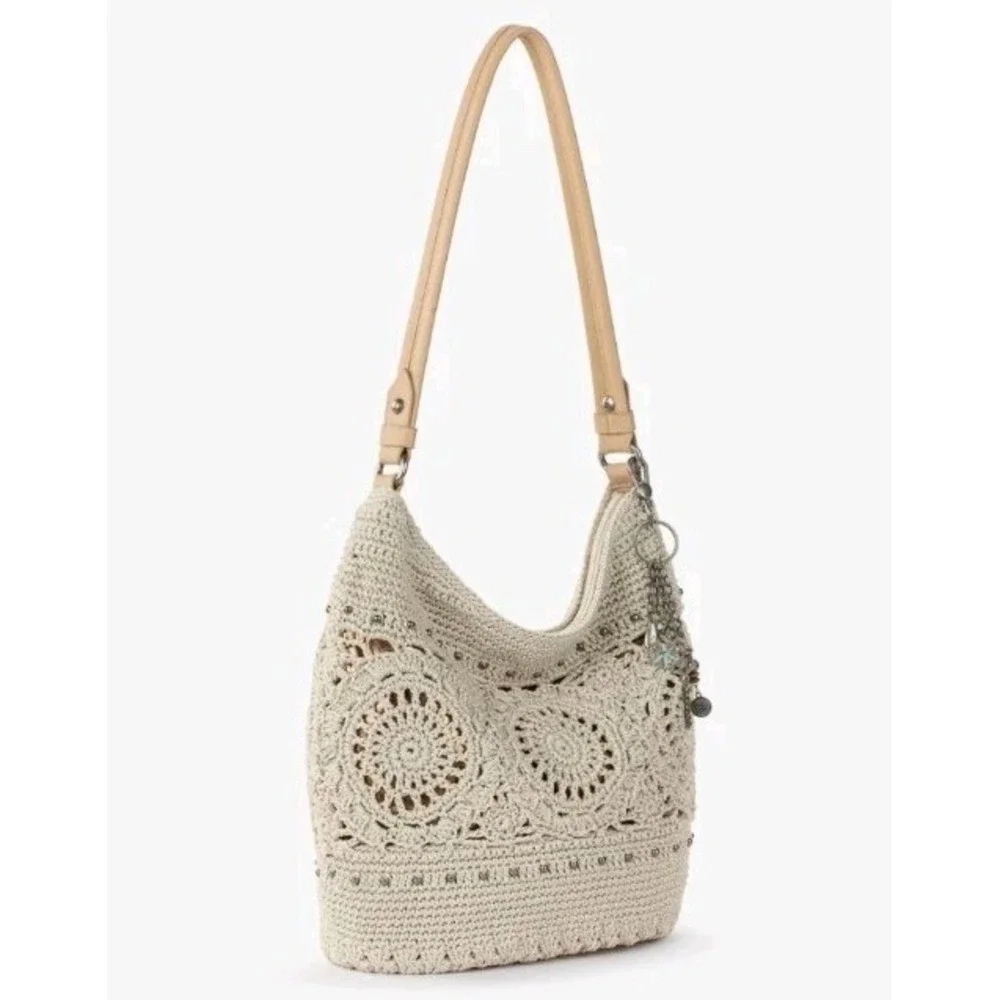 The Sak Sequoia Hobo Hand Crochet Natural Medallion Boho Shoulder Bag Charms